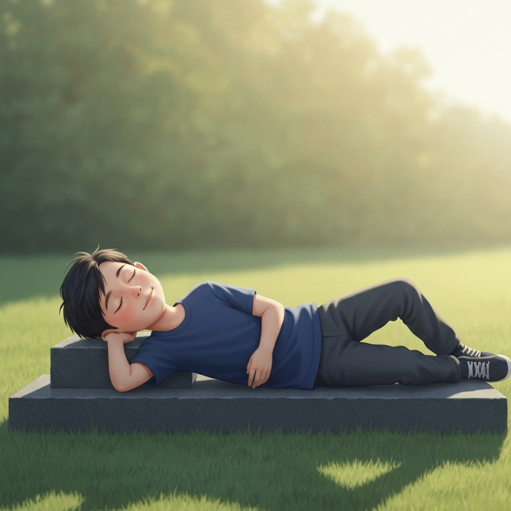 boy sleeping on a grave